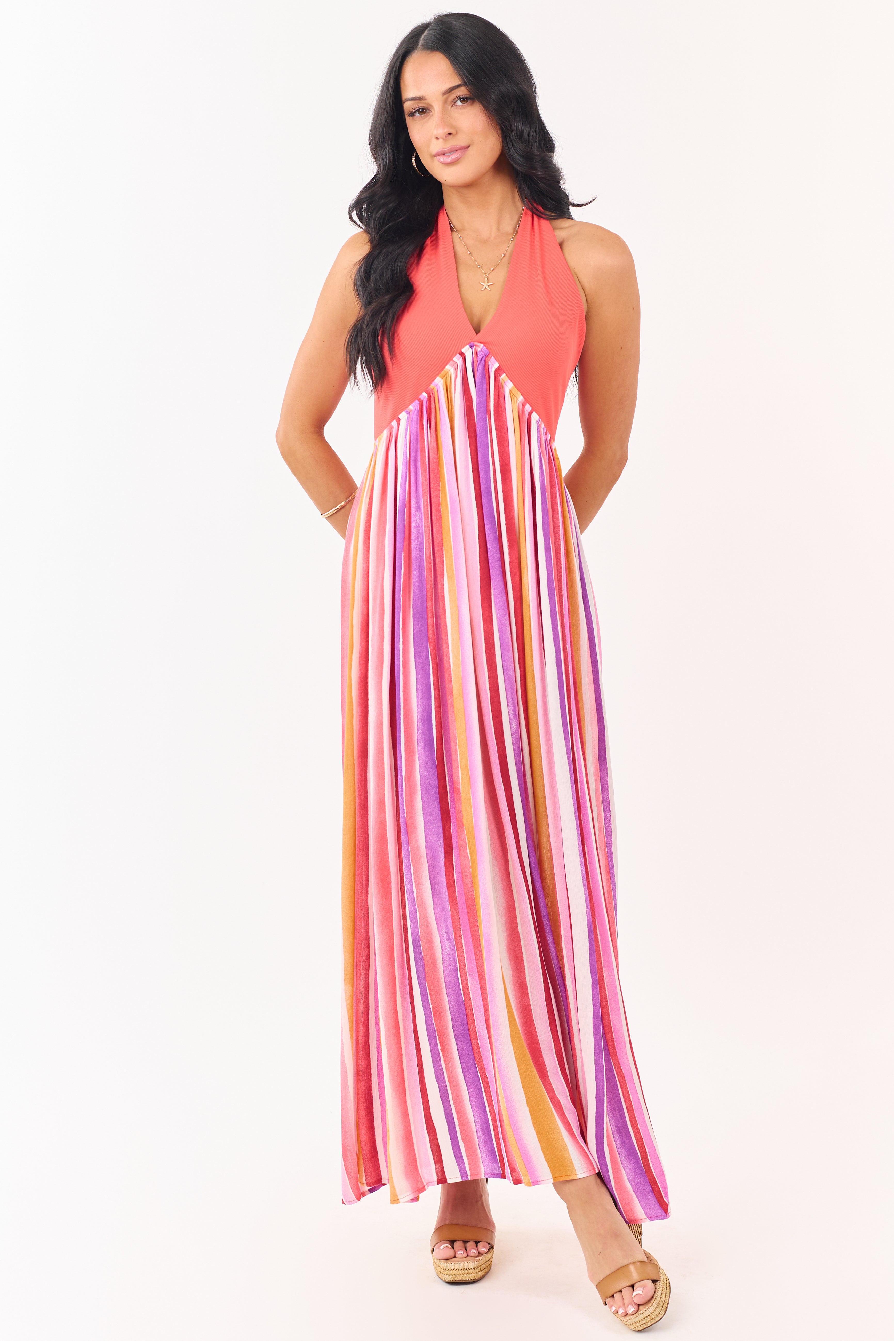 Scarlet Halter Neck Contrast Striped Maxi Dress