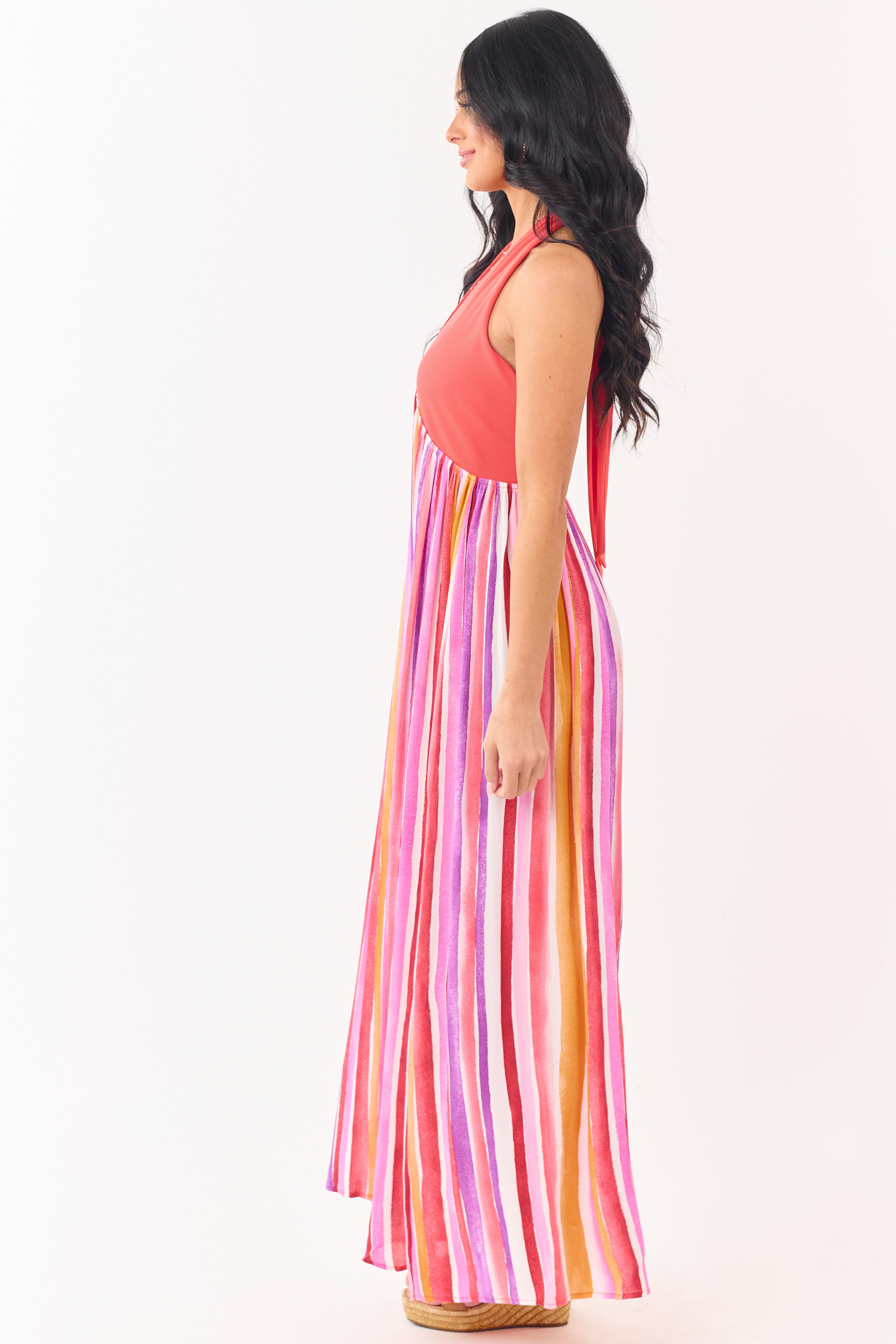 Scarlet Halter Neck Contrast Striped Maxi Dress
