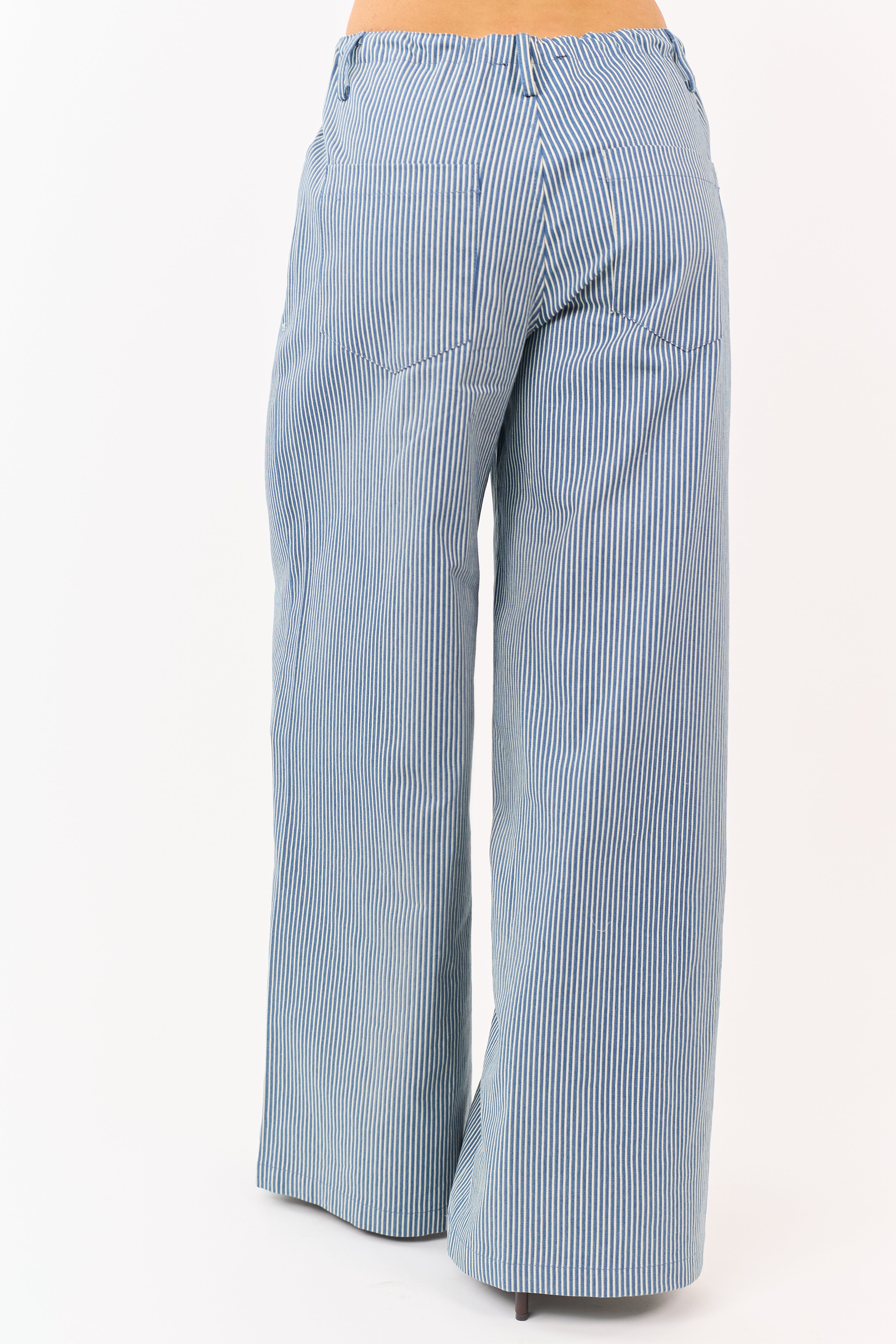 Steel Blue Pin Stripe Stretchy Denim Wide Leg Pants