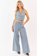 Steel Blue Pin Stripe Stretchy Denim Wide Leg Pants