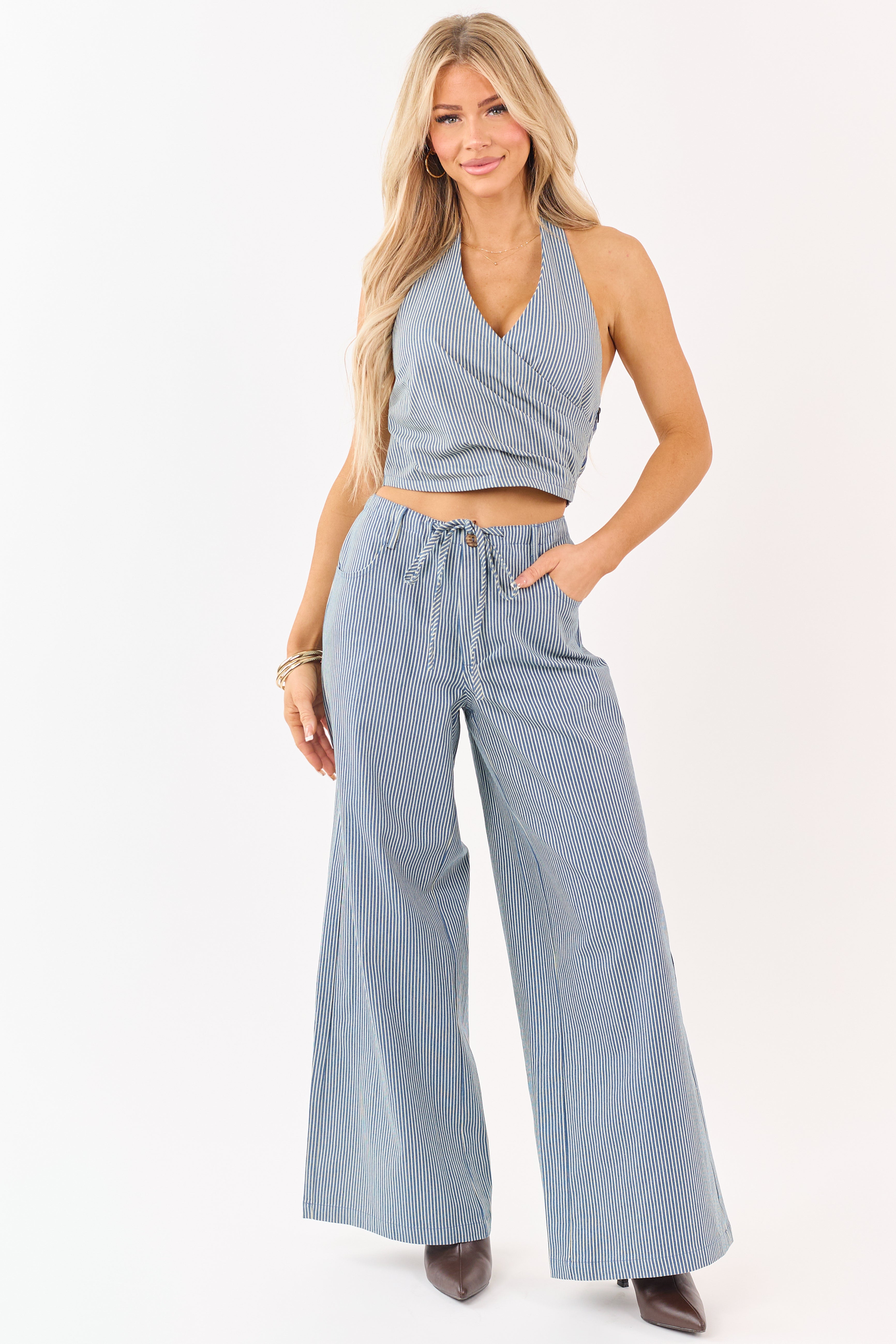 Steel Blue Pin Stripe Stretchy Denim Wide Leg Pants