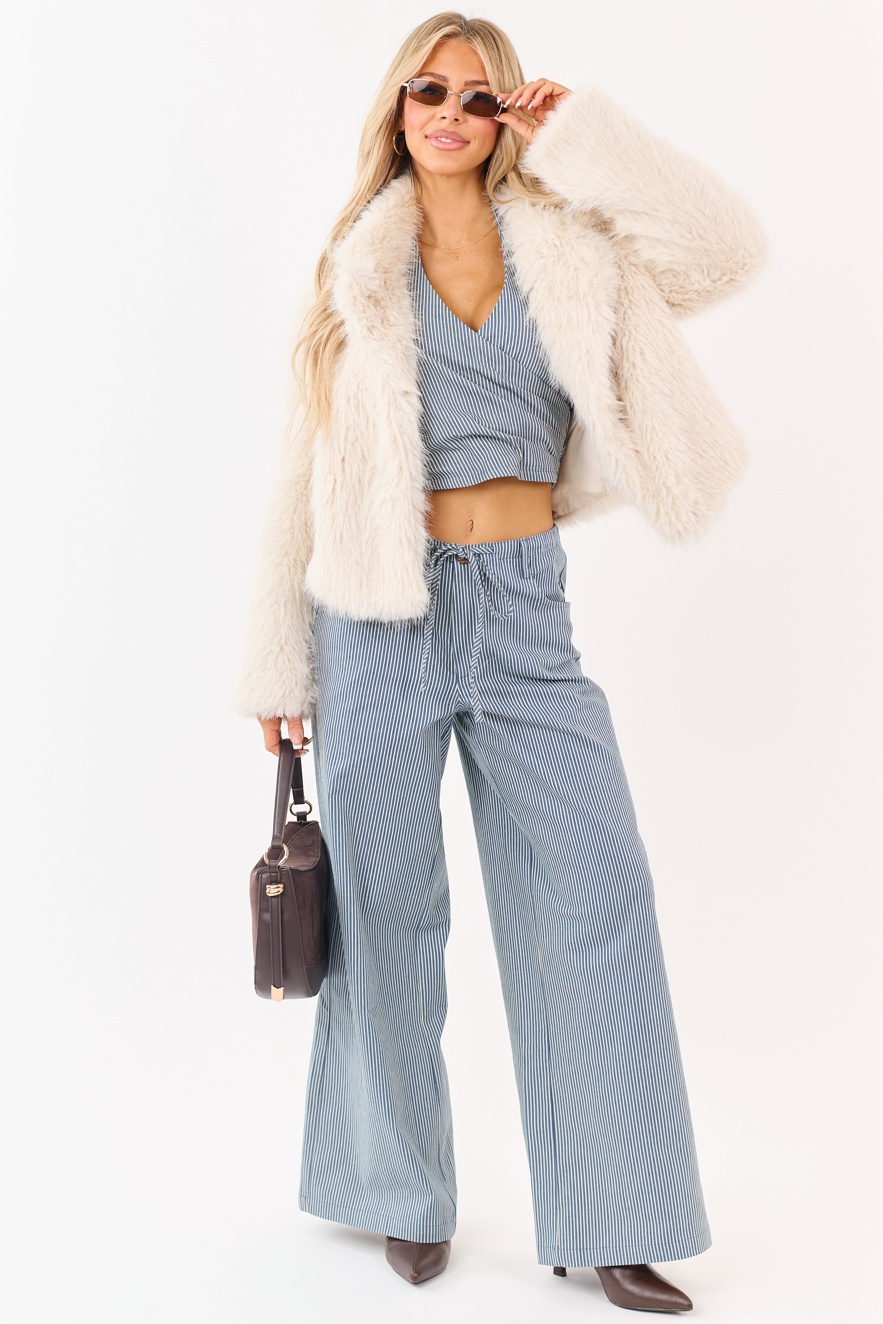 Steel Blue Pin Stripe Stretchy Denim Wide Leg Pants