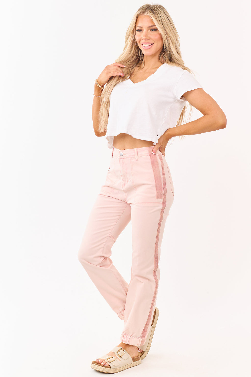 Tea Rose Sideline Contrast Stripe Denim Joggers