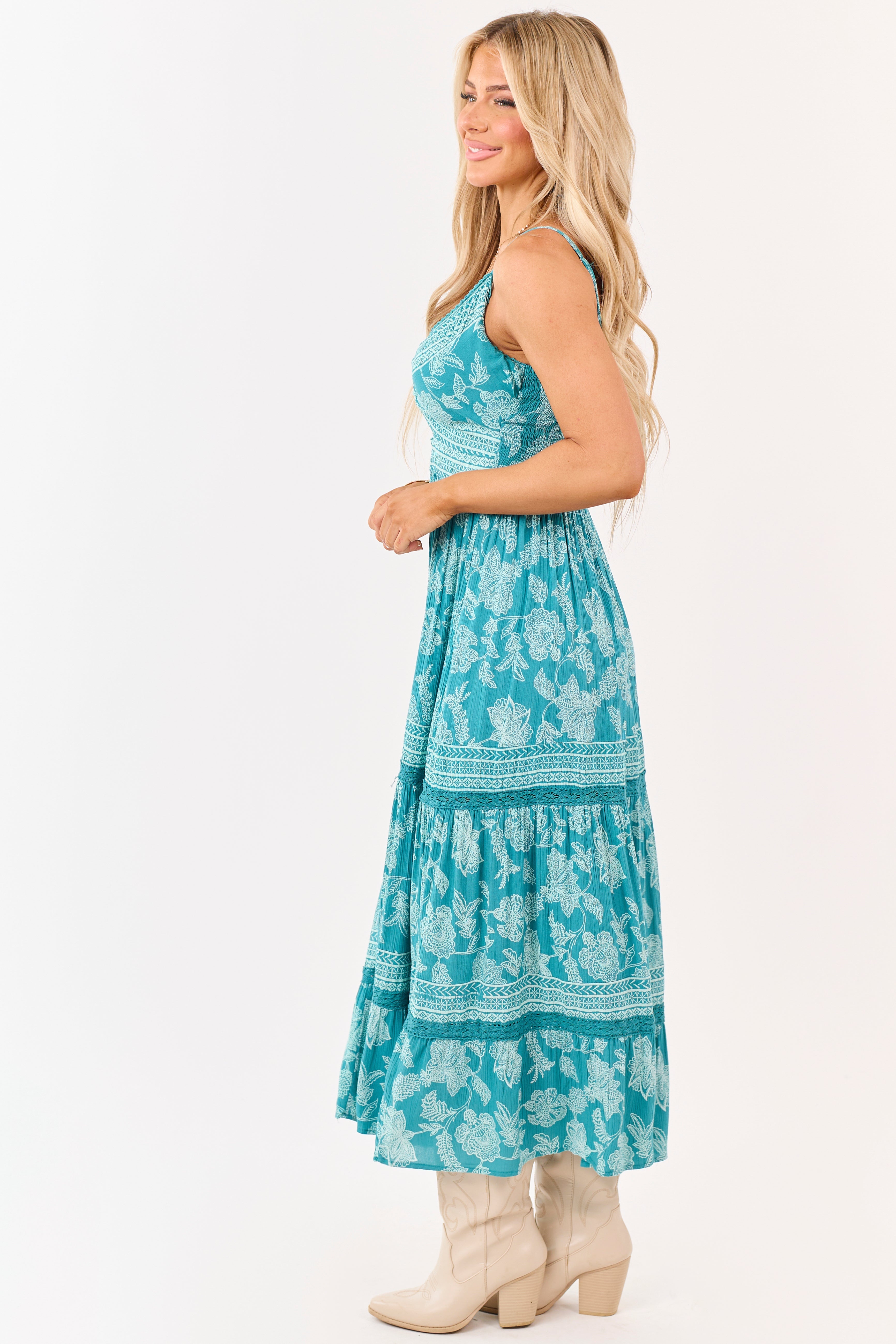 Teal Boho Floral Print Sleeveless Maxi Dress