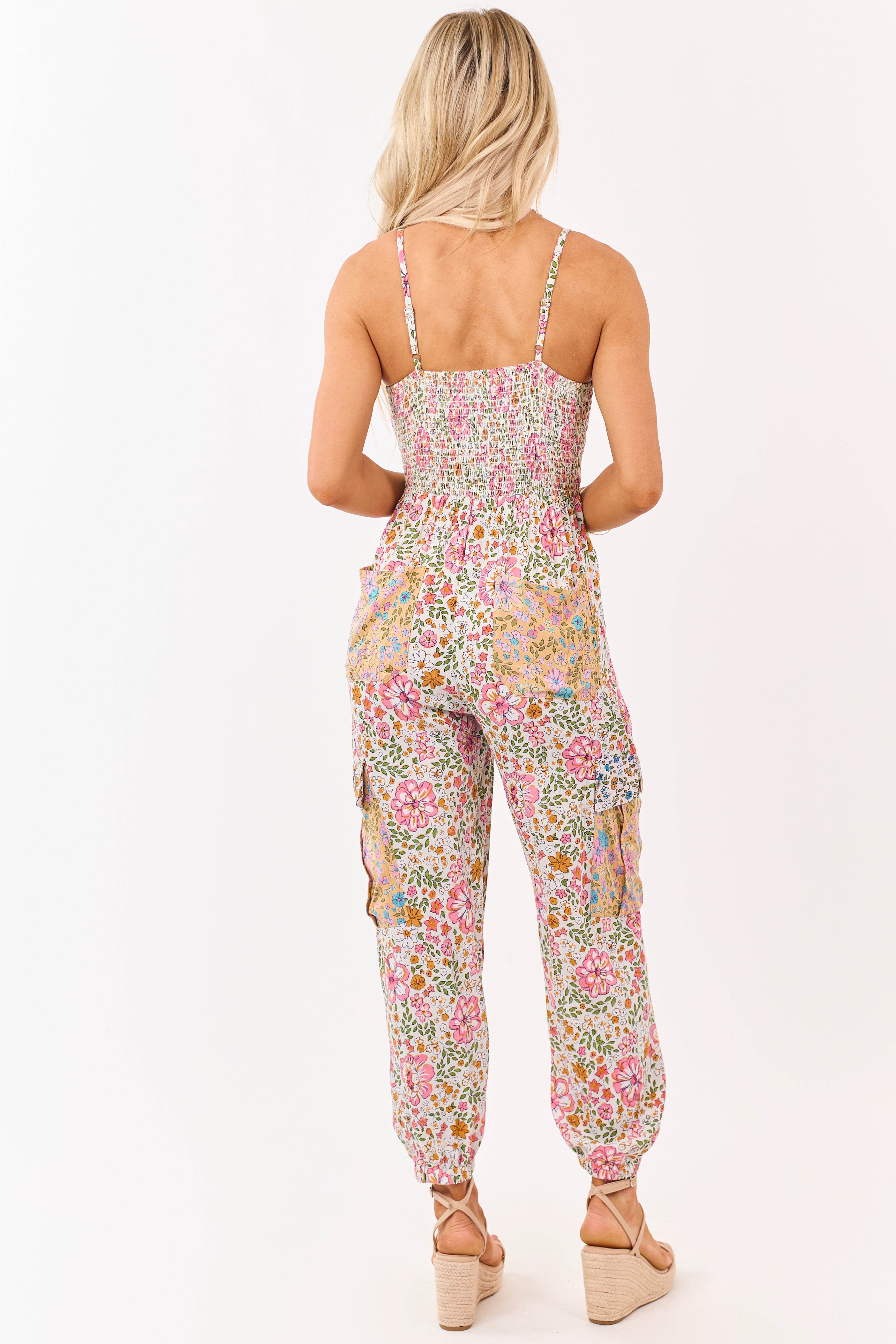 Vanilla Floral Front Twist Cargo Pocket Jumpsuit