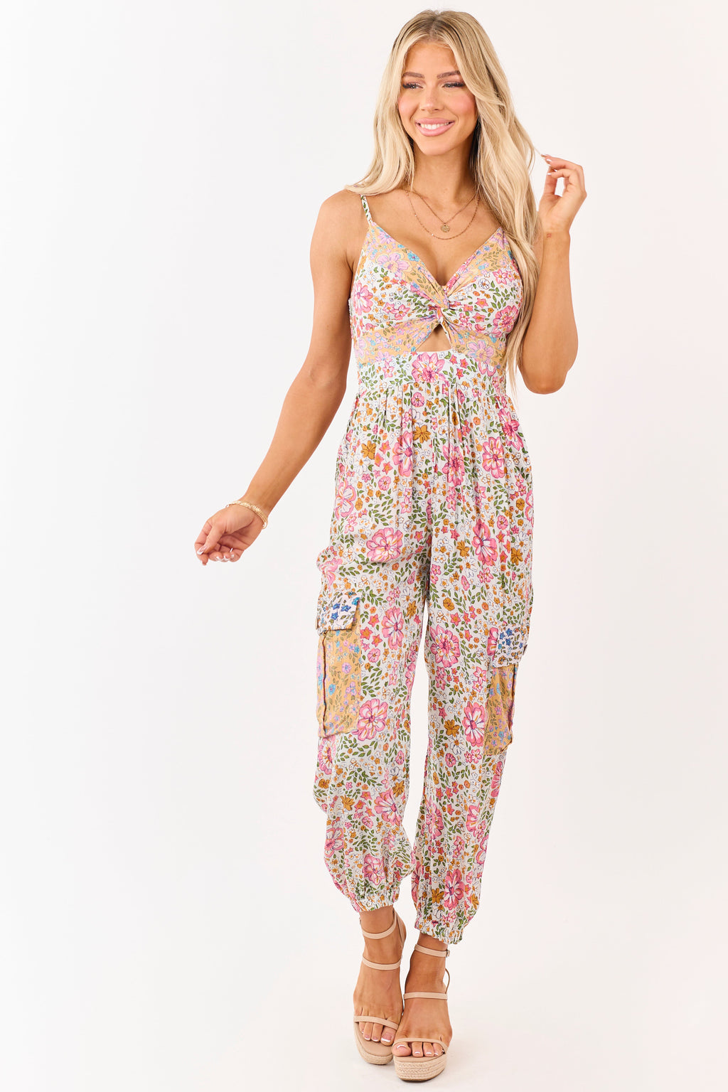 Vanilla Floral Front Twist Cargo Pocket Jumpsuit