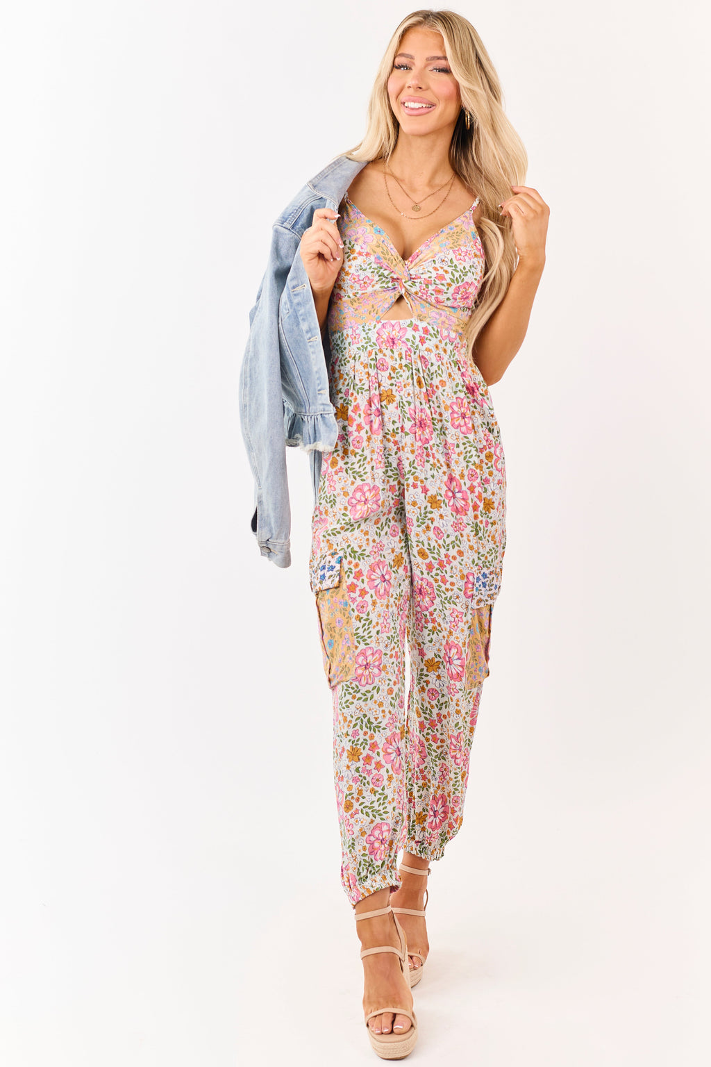 Vanilla Floral Front Twist Cargo Pocket Jumpsuit