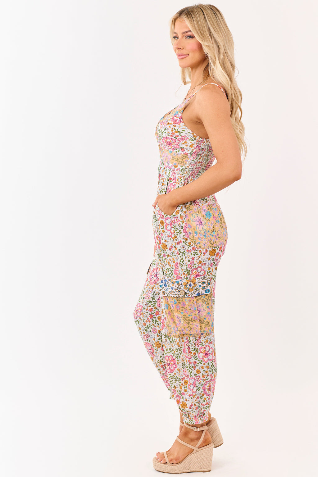 Vanilla Floral Front Twist Cargo Pocket Jumpsuit