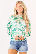 Vanilla Shamrock Pattern Sheer Mesh Long Sleeve Top