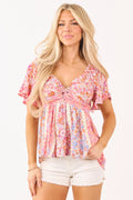 Watermelon Floral Front Twist Babydoll Top