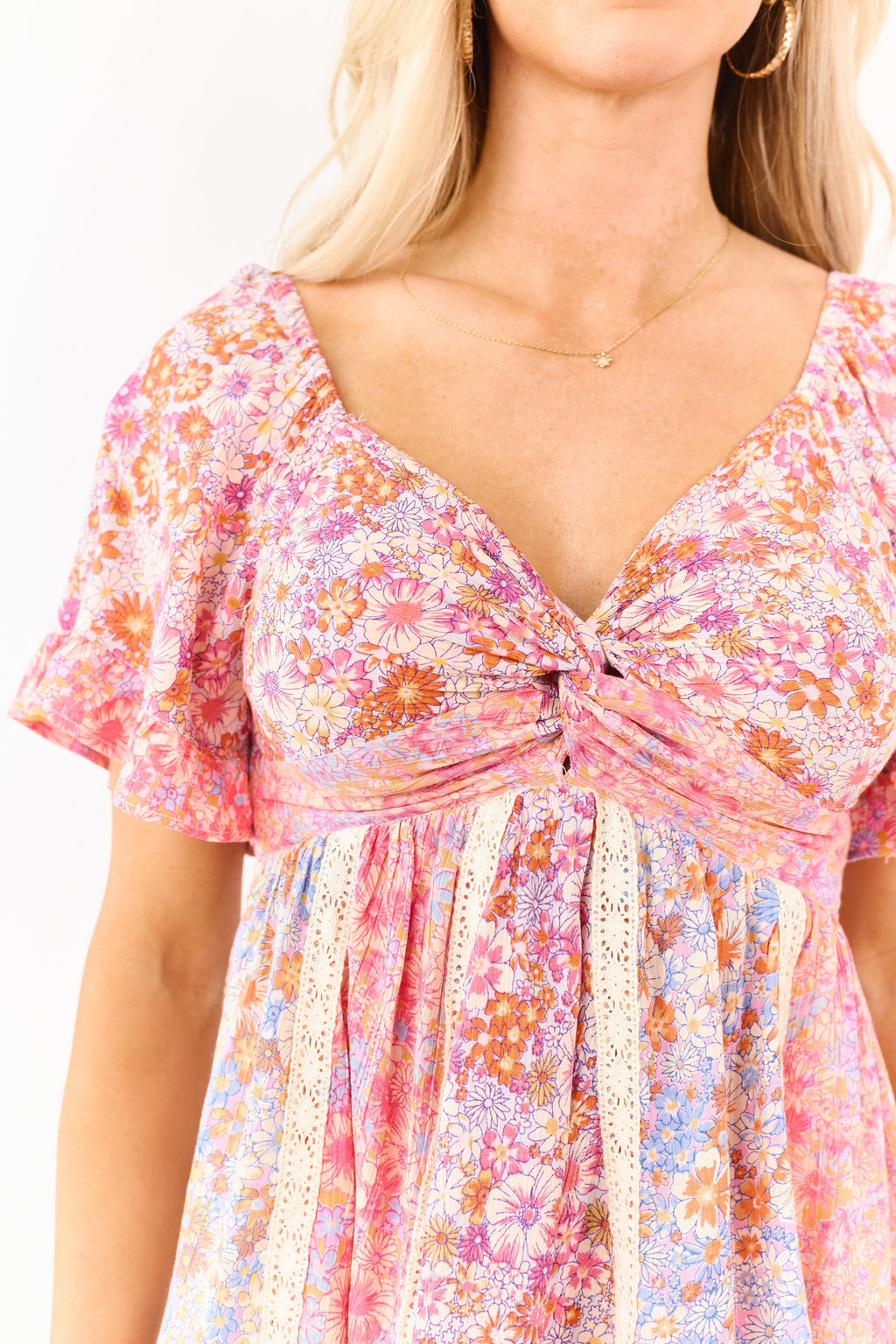 Watermelon Floral Front Twist Babydoll Top