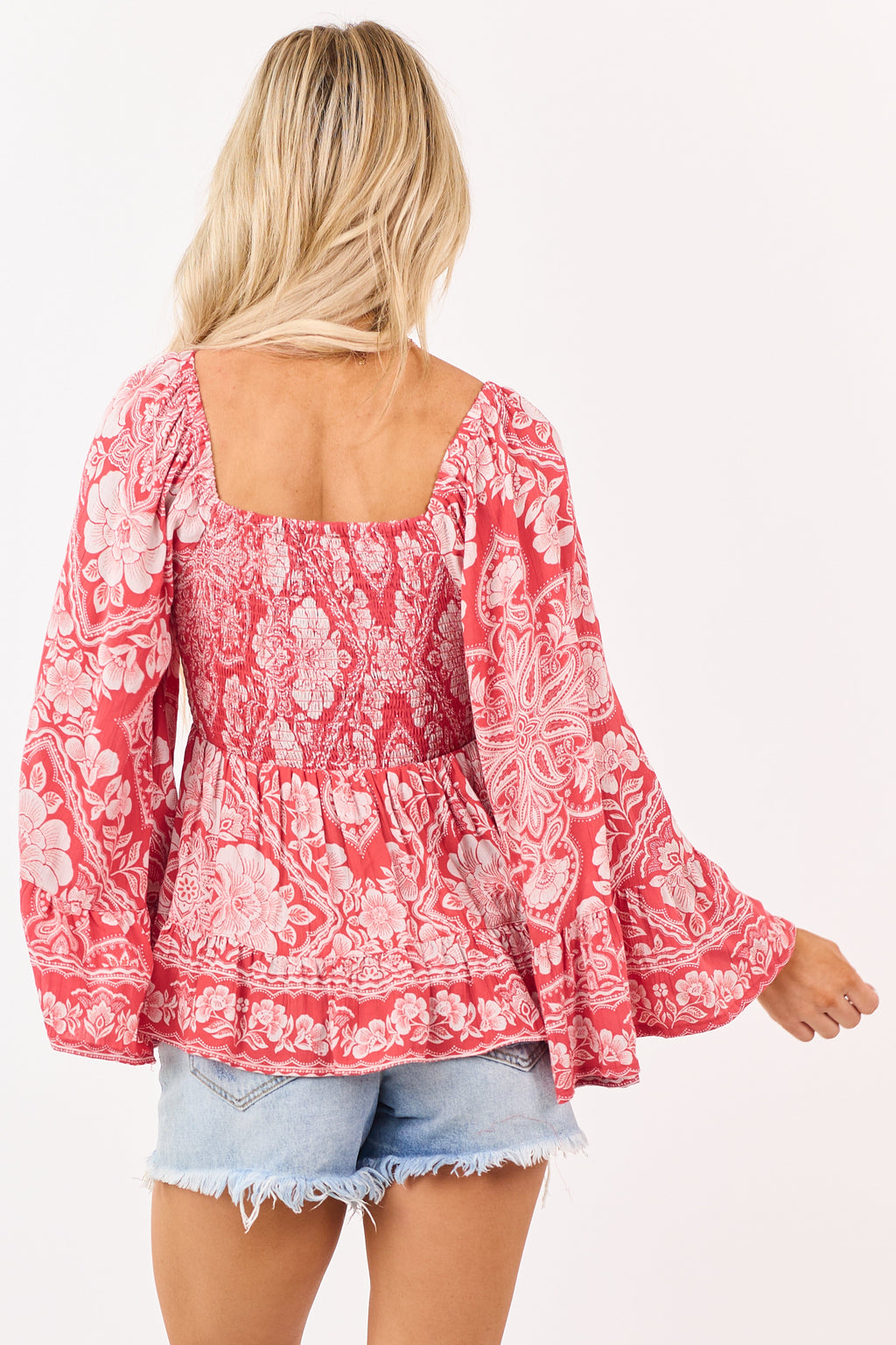 Watermelon Smocked Floral Print Flare Sleeve Top
