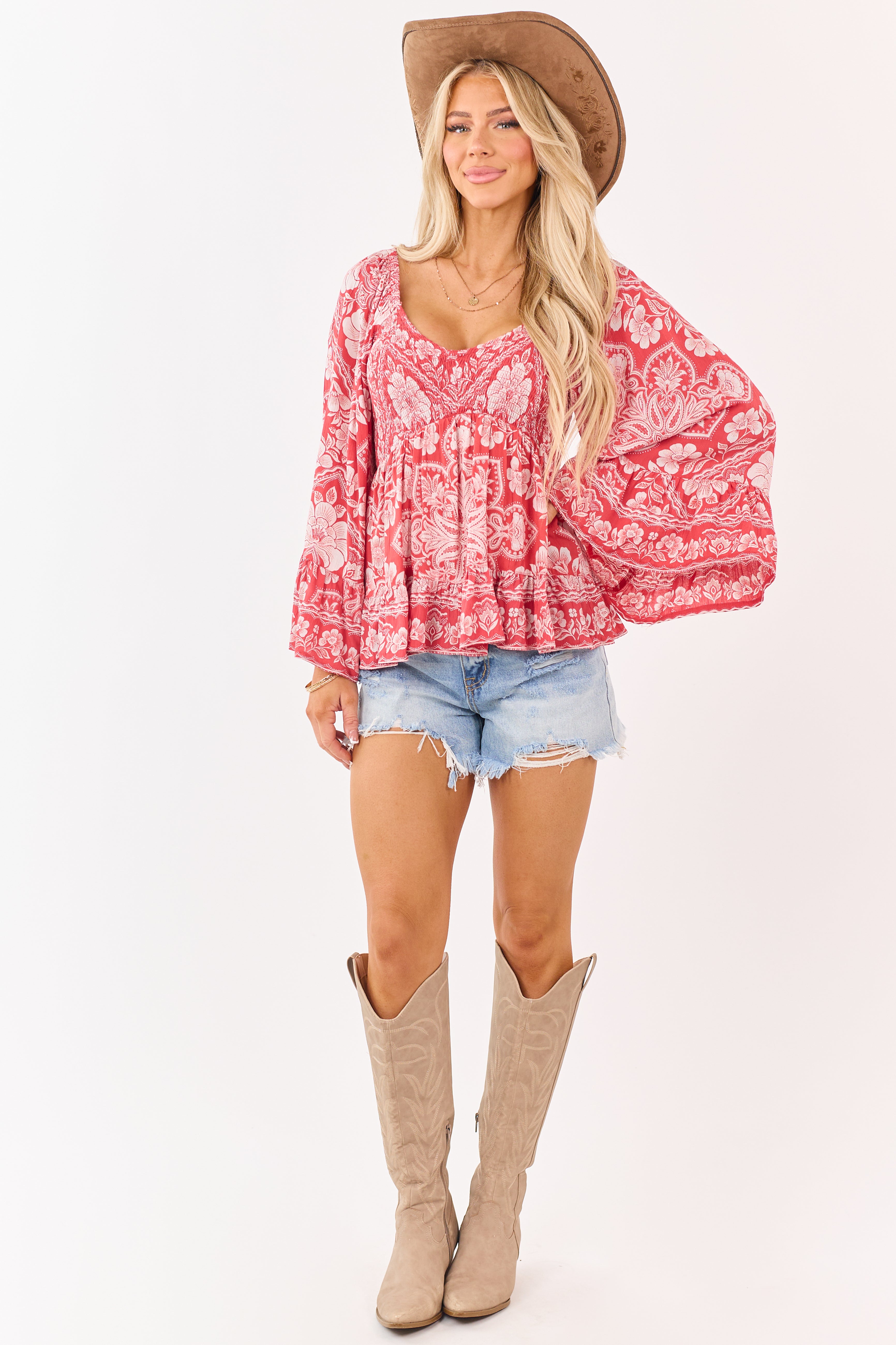 Watermelon Smocked Floral Print Flare Sleeve Top