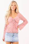 Watermelon Textured Floral Lace Flare Sleeve Top