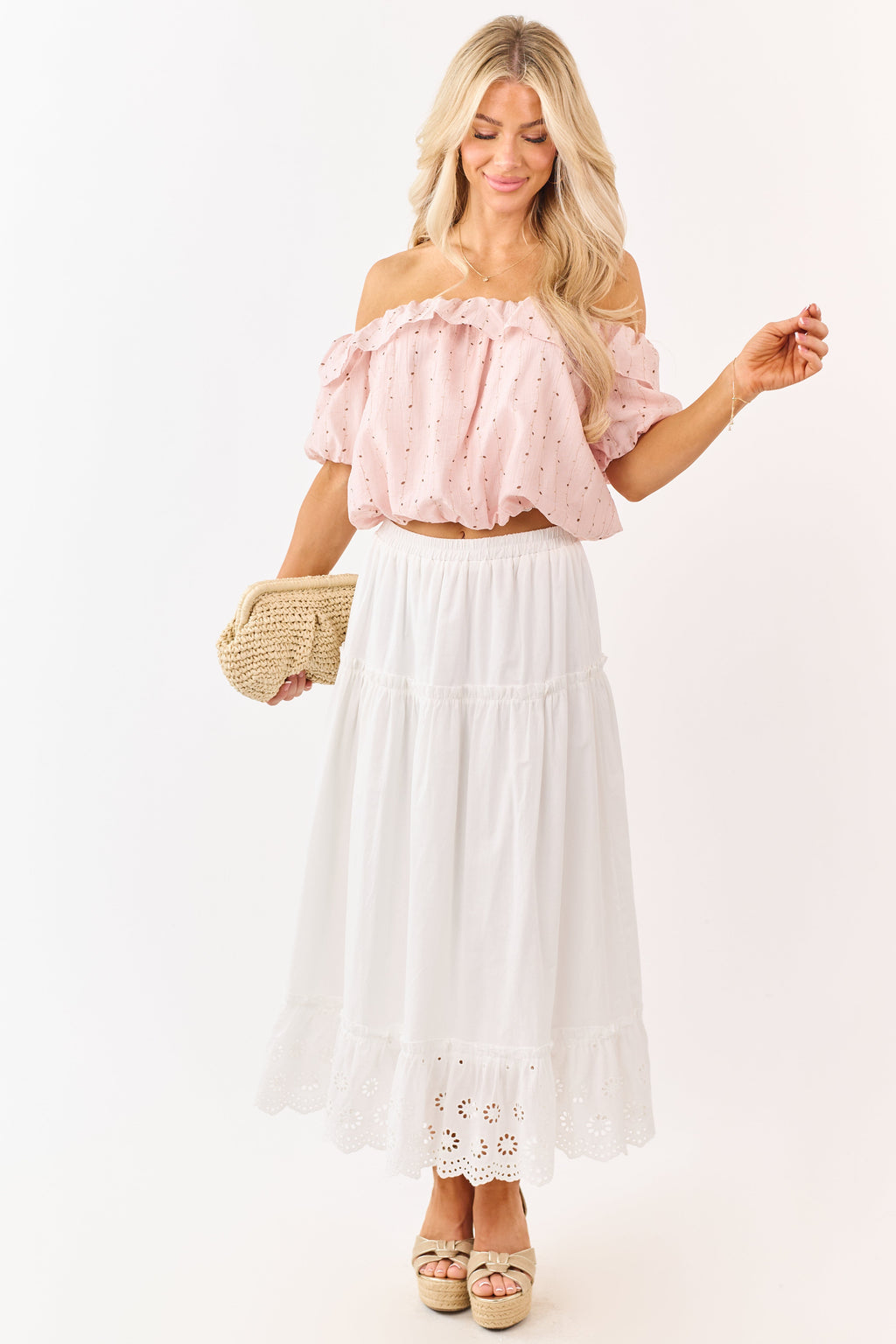 White Daisy Eyelet Hem Tiered Cotton Maxi Skirt