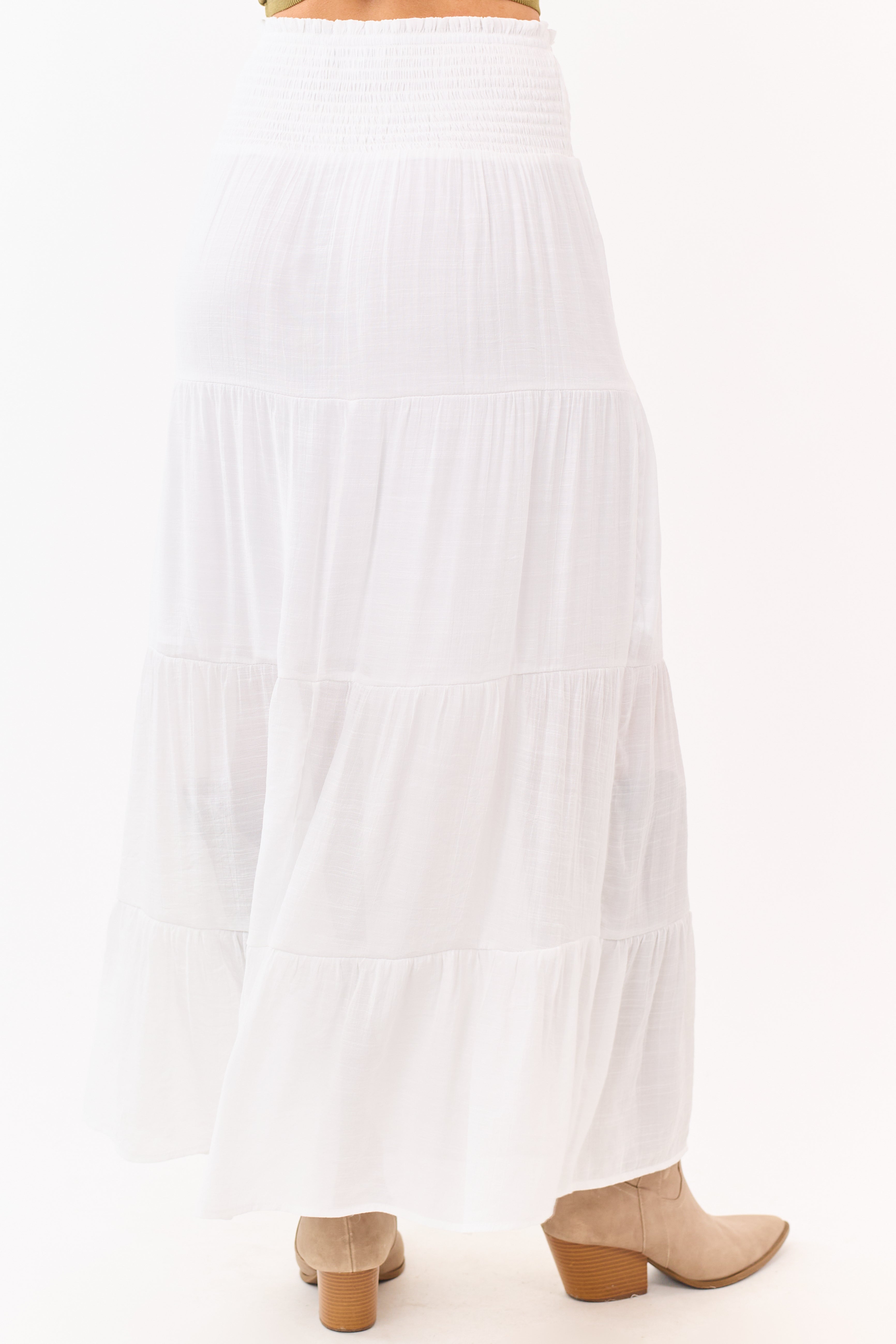 White Smocked Waist Tiered Maxi Skirt
