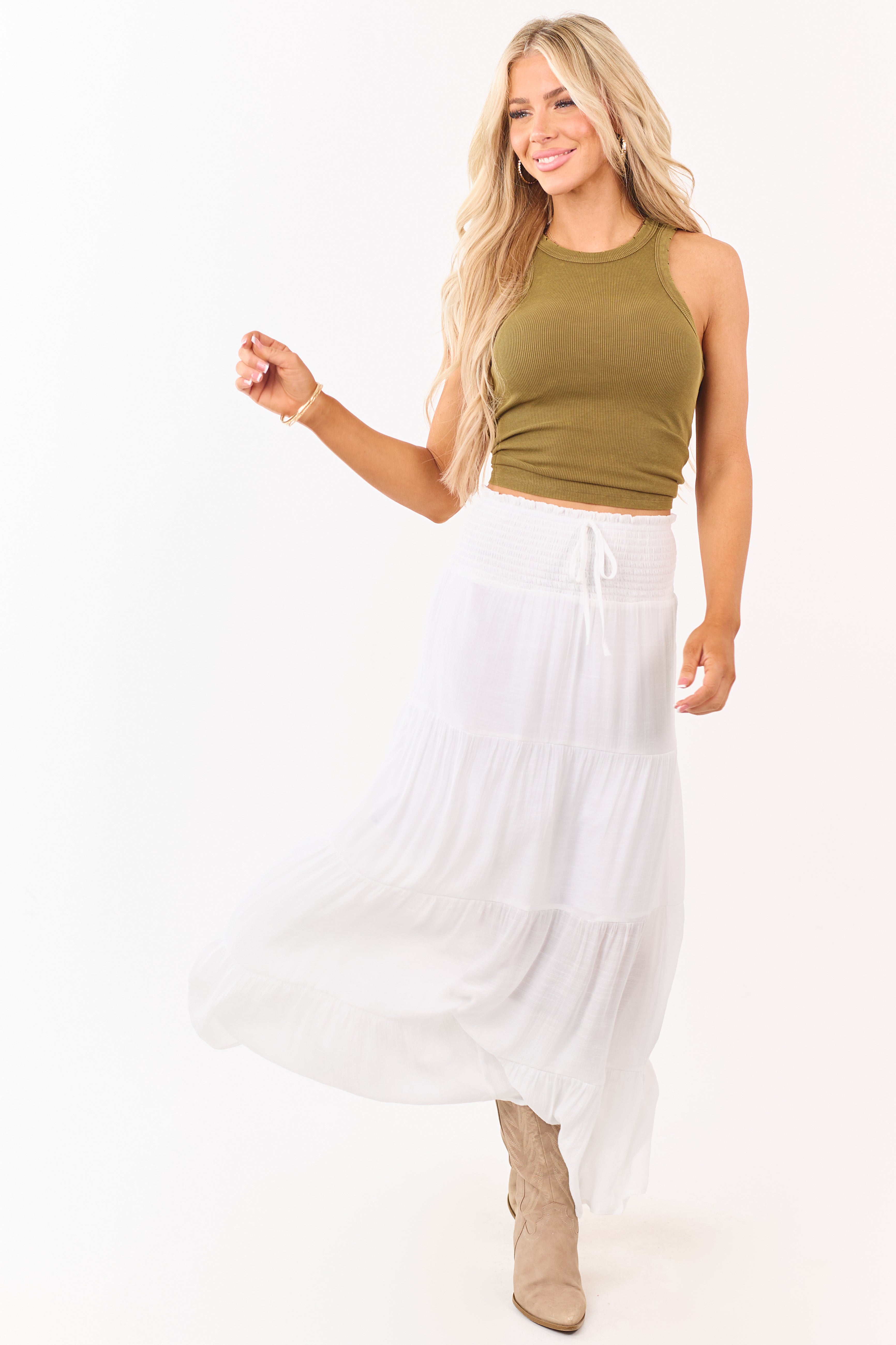 White Smocked Waist Tiered Maxi Skirt