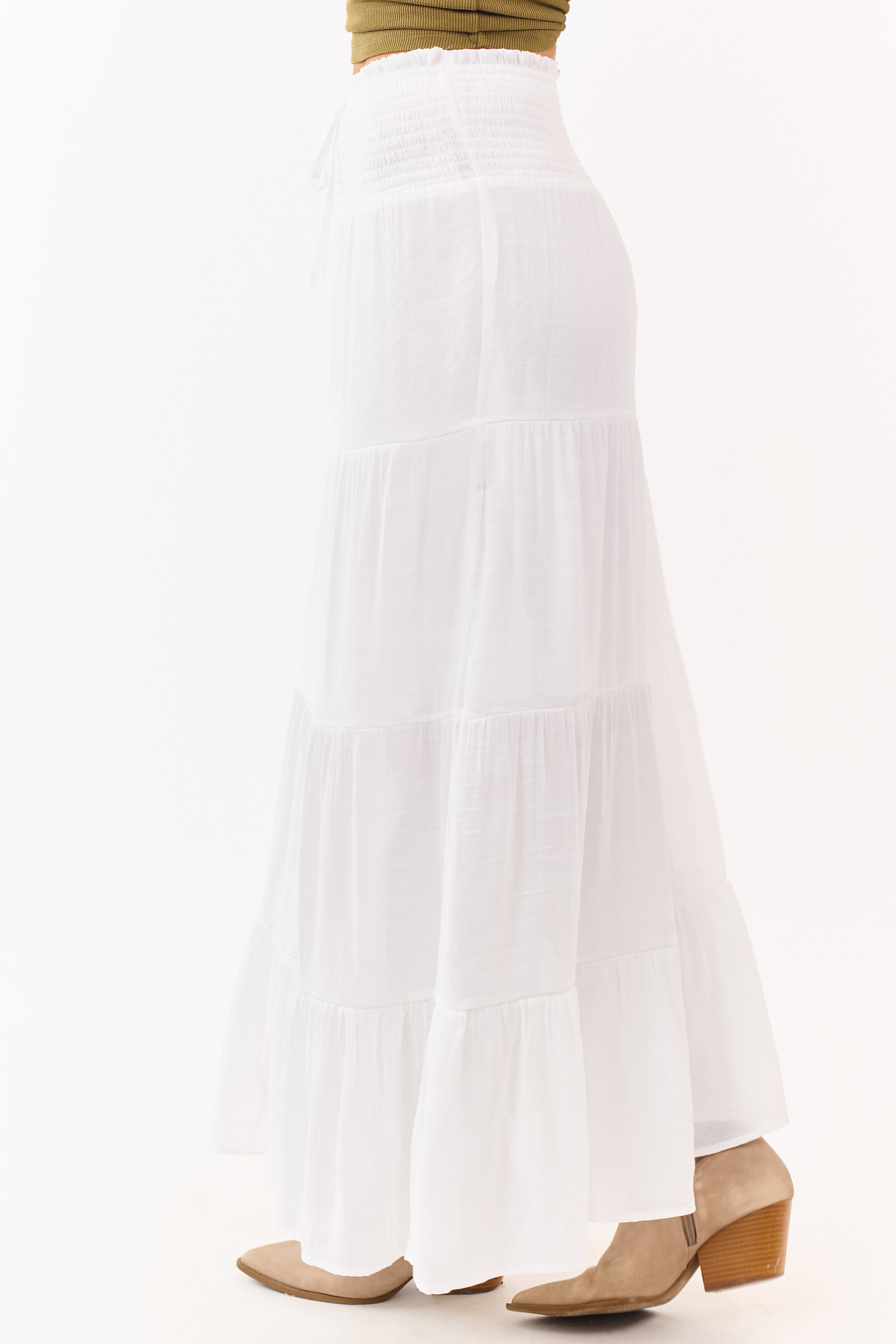 White Smocked Waist Tiered Maxi Skirt