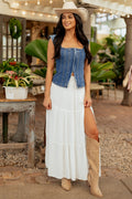 White Tiered Side Slit Maxi Skirt