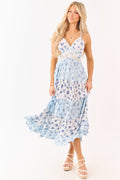White and Baby Blue Floral Lace Trim Maxi Dress