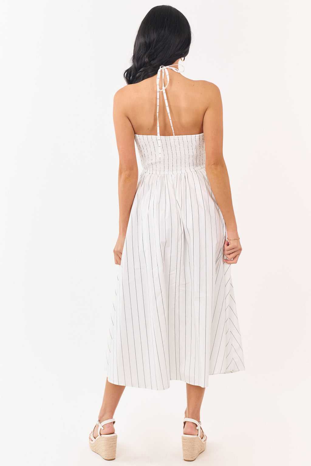 White and Black Cotton Pin Stripe Halter Maxi Dress
