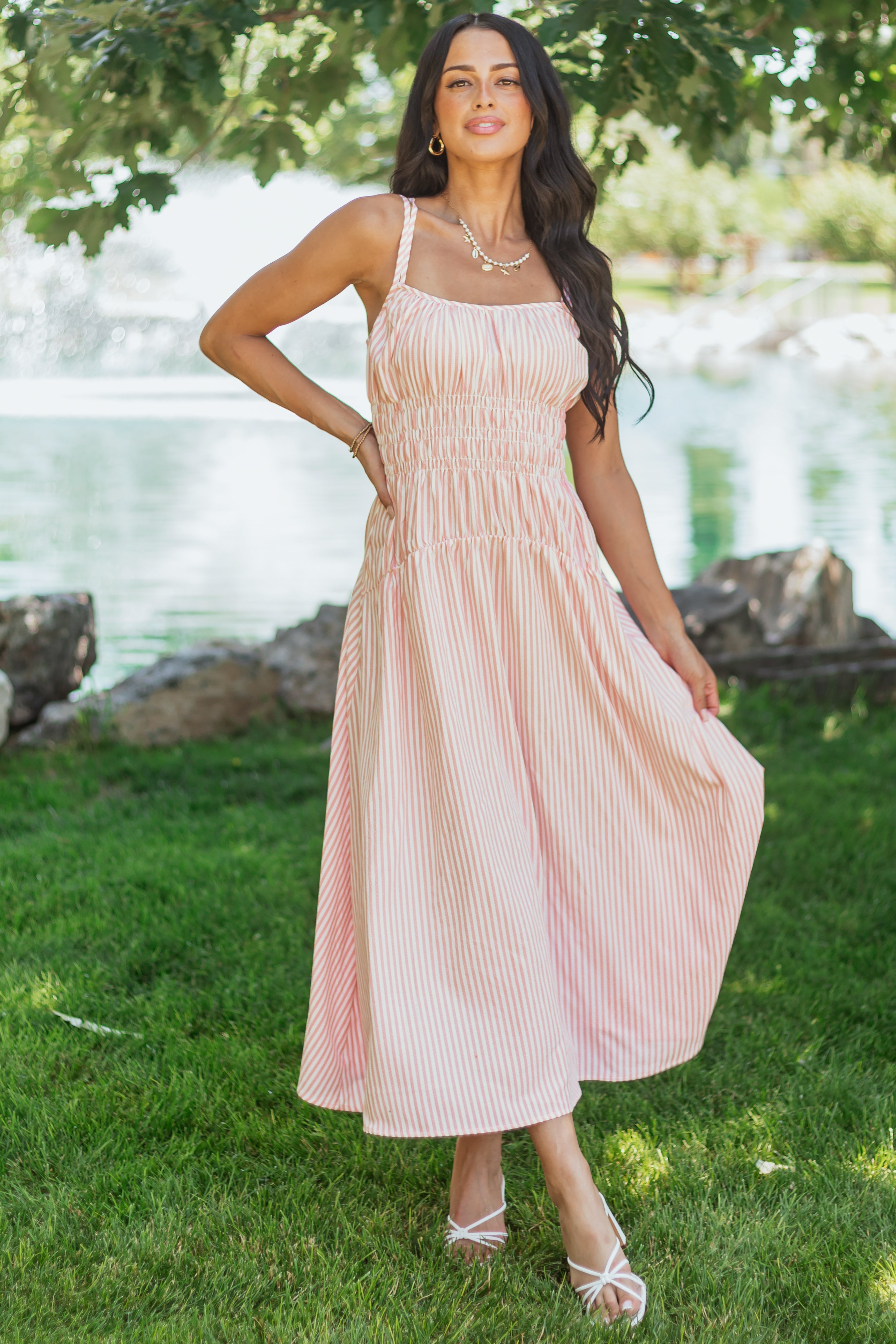 White and Cherry Blossom Striped Sleeveless Maxi Dress