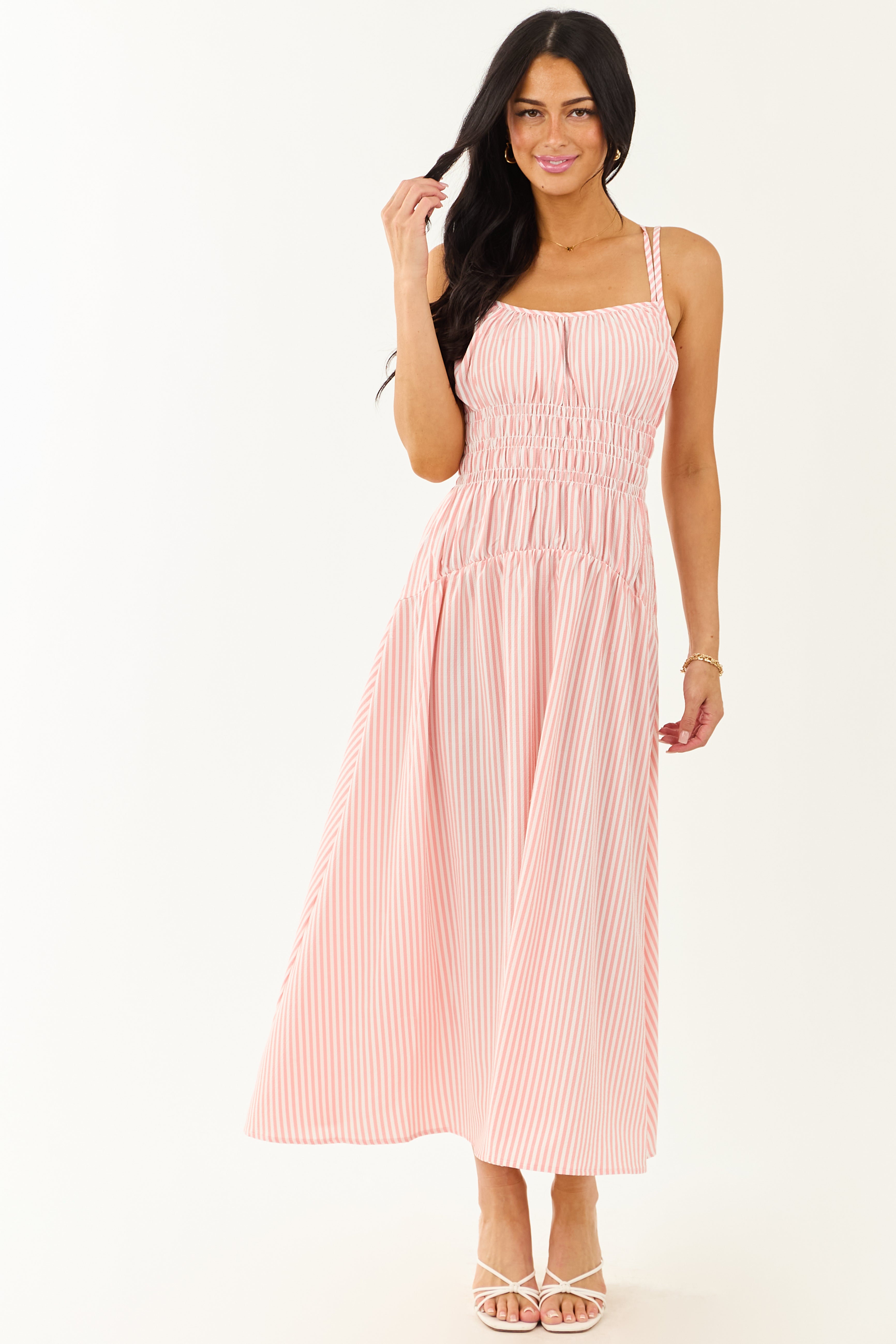 White and Cherry Blossom Striped Sleeveless Maxi Dress