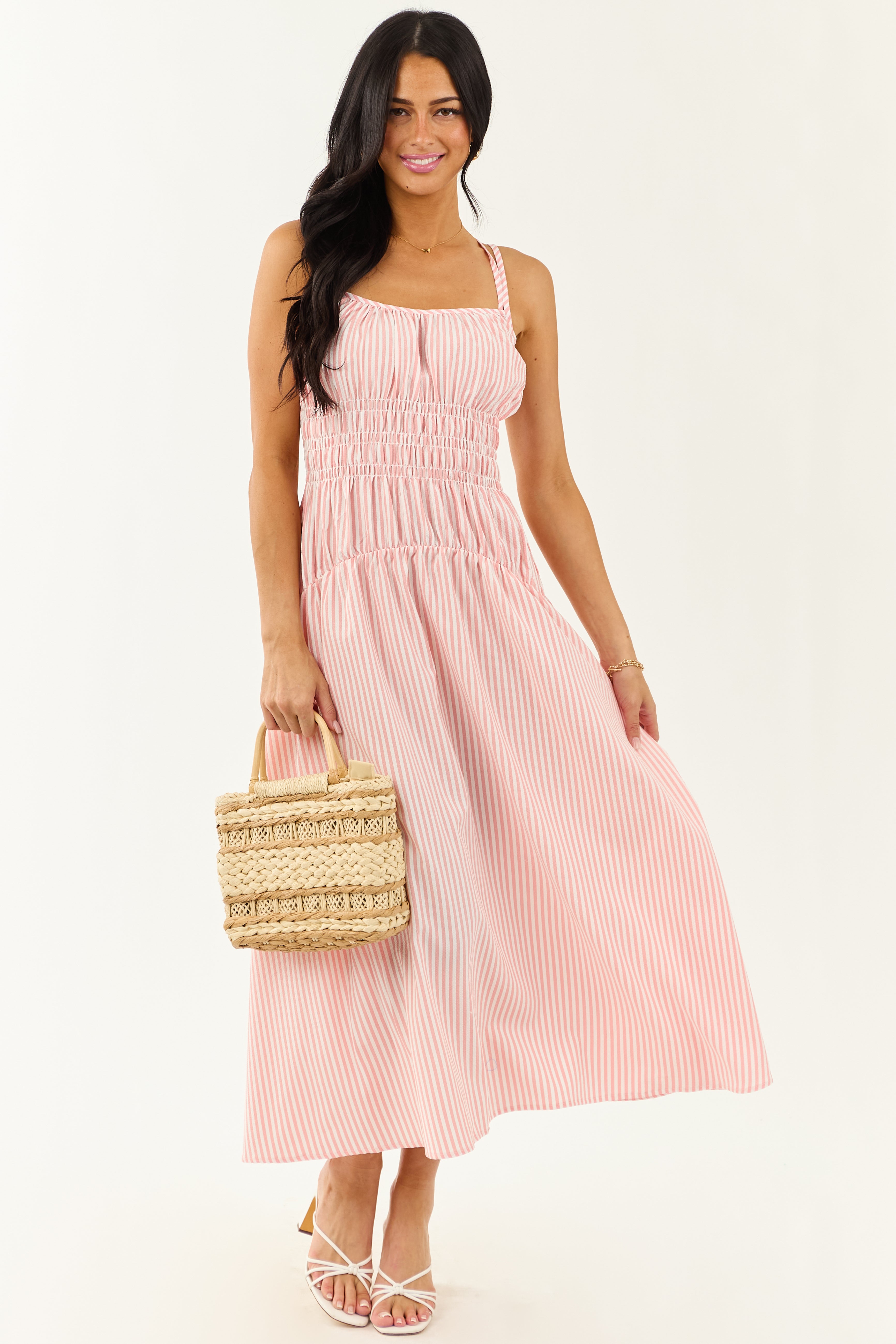 White and Cherry Blossom Striped Sleeveless Maxi Dress