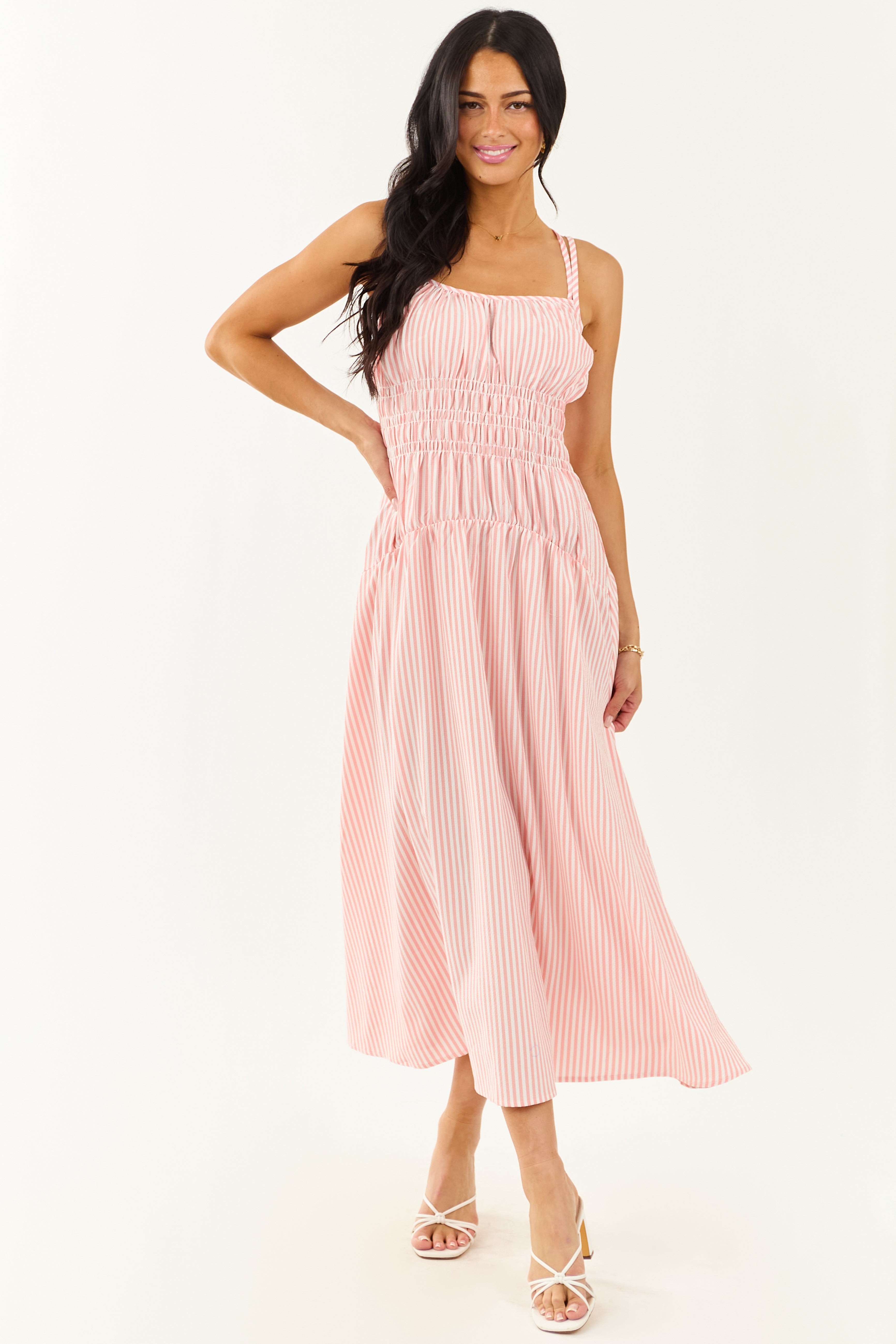 White and Cherry Blossom Striped Sleeveless Maxi Dress