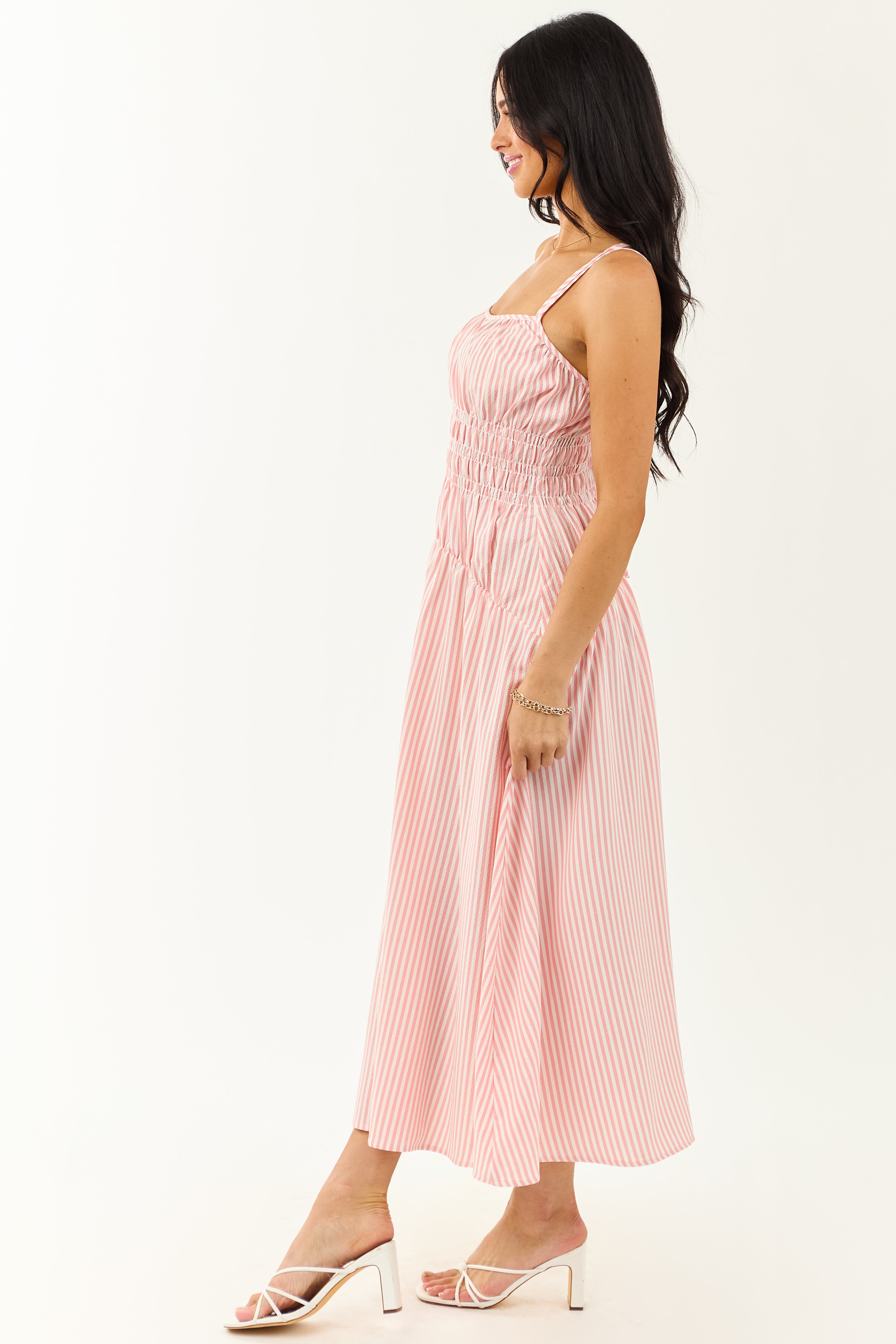 White and Cherry Blossom Striped Sleeveless Maxi Dress