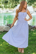 White and Dusty Blue Striped Sleeveless Maxi Dress