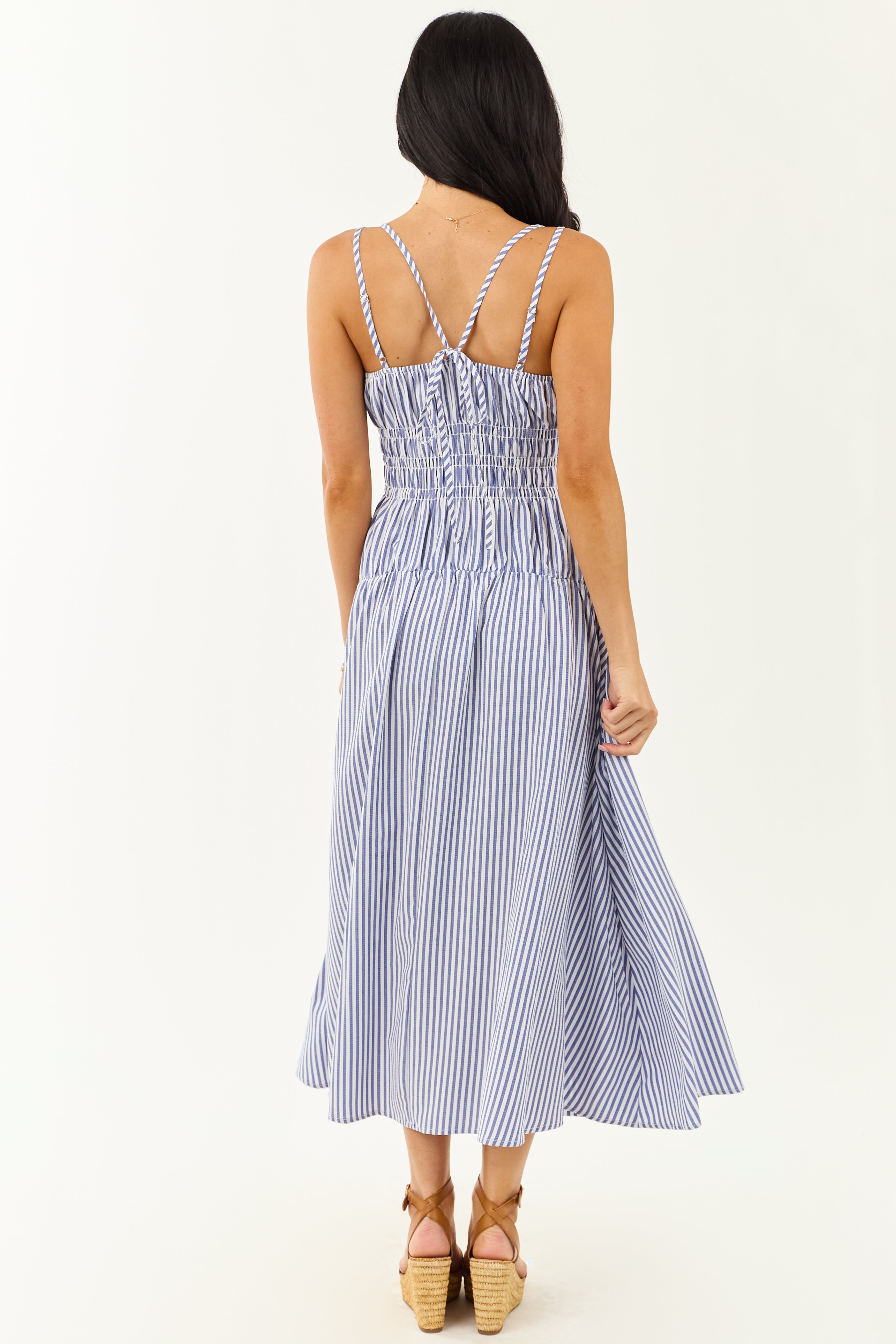 White and Dusty Blue Striped Sleeveless Maxi Dress