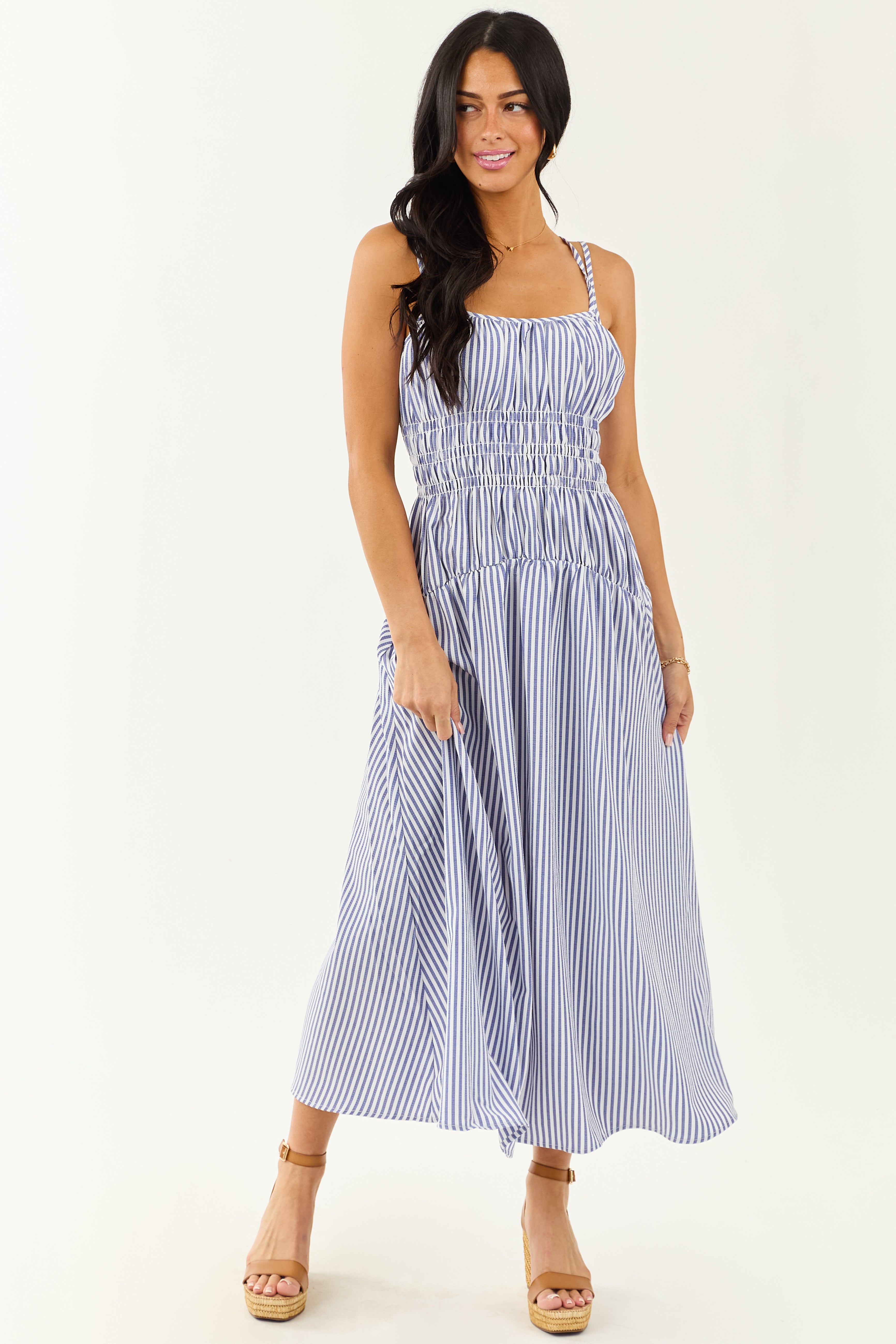 White and Dusty Blue Striped Sleeveless Maxi Dress