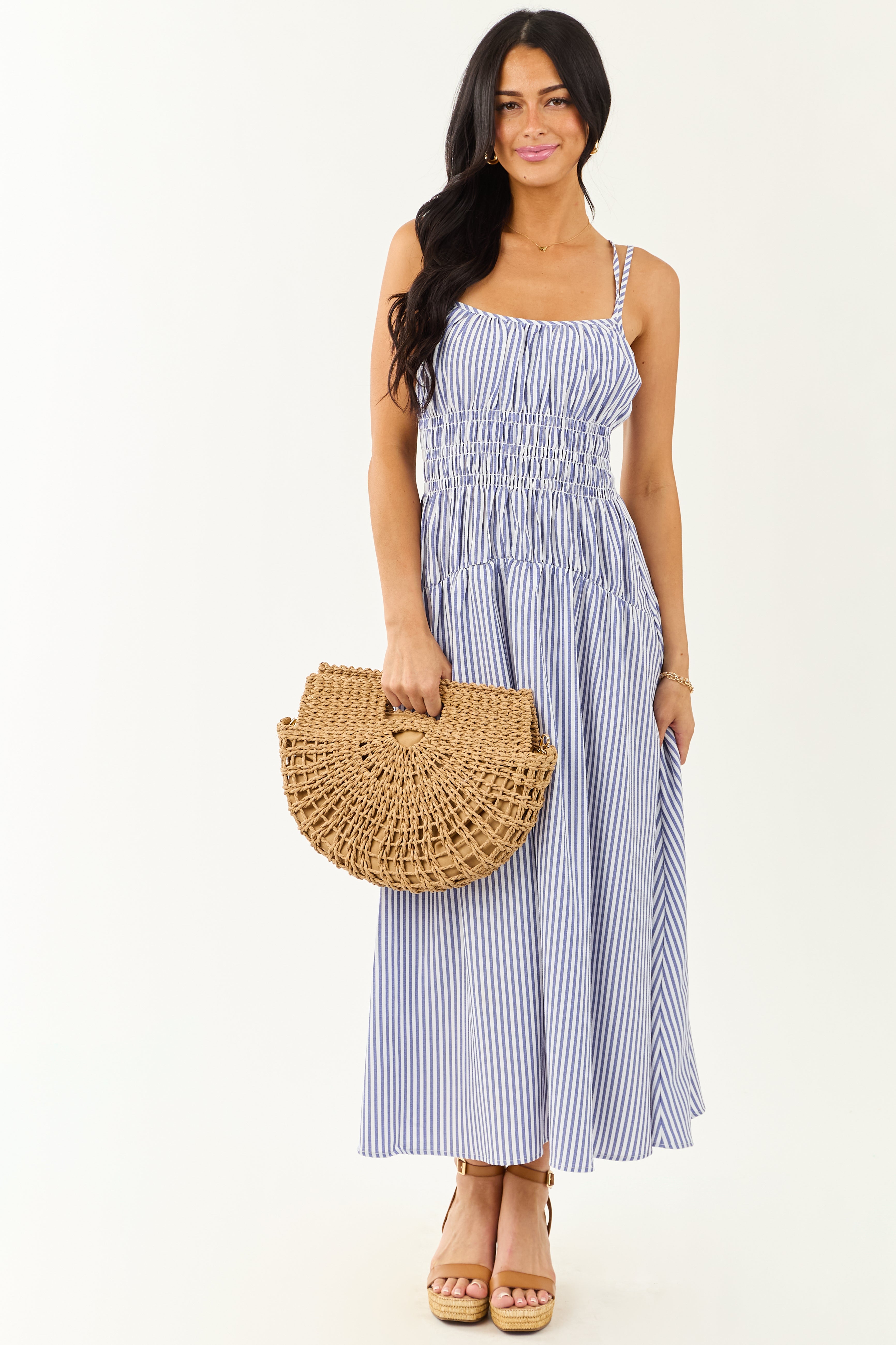 White and Dusty Blue Striped Sleeveless Maxi Dress