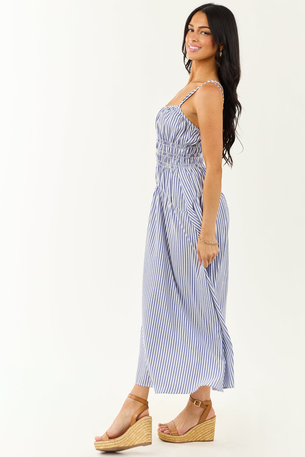 White and Dusty Blue Striped Sleeveless Maxi Dress