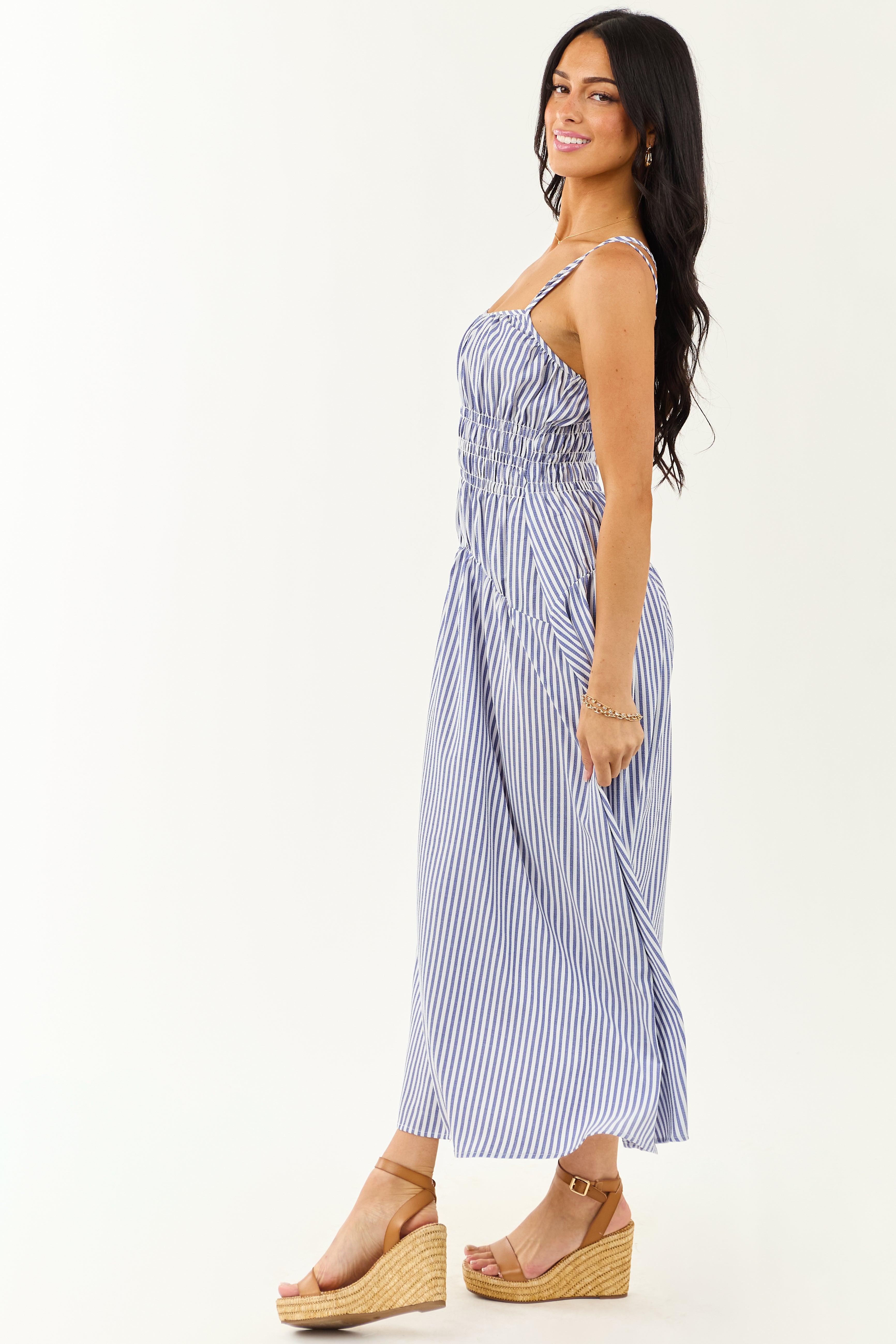 White and Dusty Blue Striped Sleeveless Maxi Dress