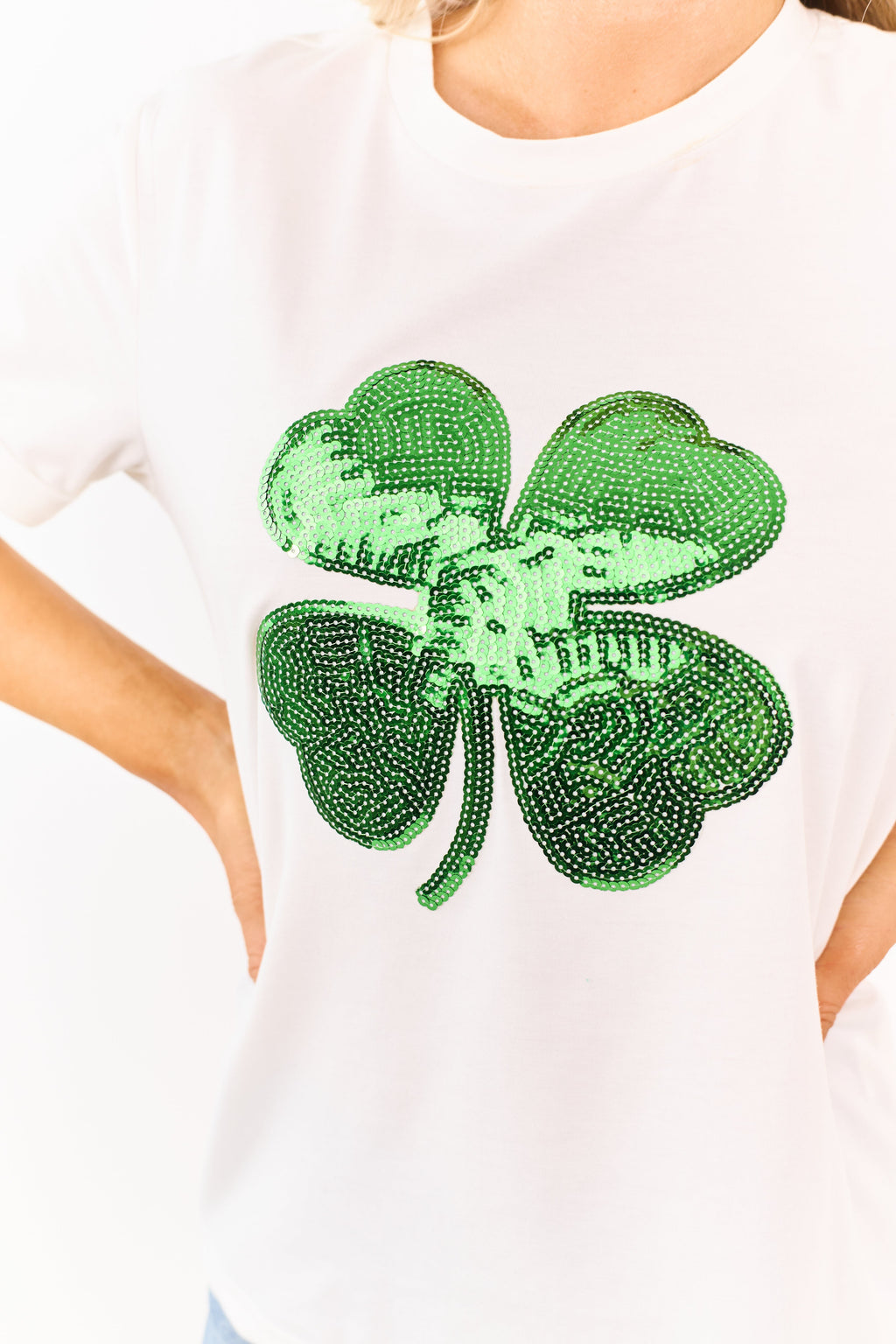 White and Hunter Green Sequin Shamrock Graphic Top