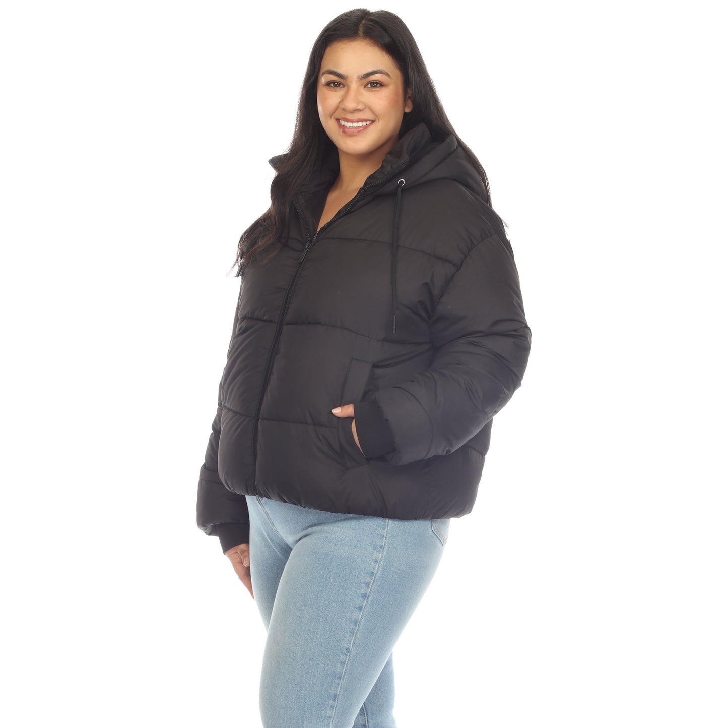 Full Front Zip Hooded Bomber Puffer Coat - Plus