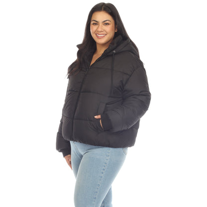 Full Front Zip Hooded Bomber Puffer Coat - Plus