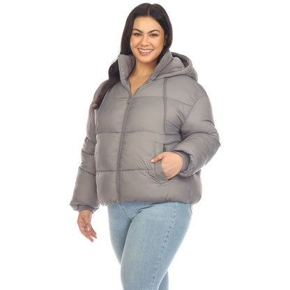 Full Front Zip Hooded Bomber Puffer Coat - Plus