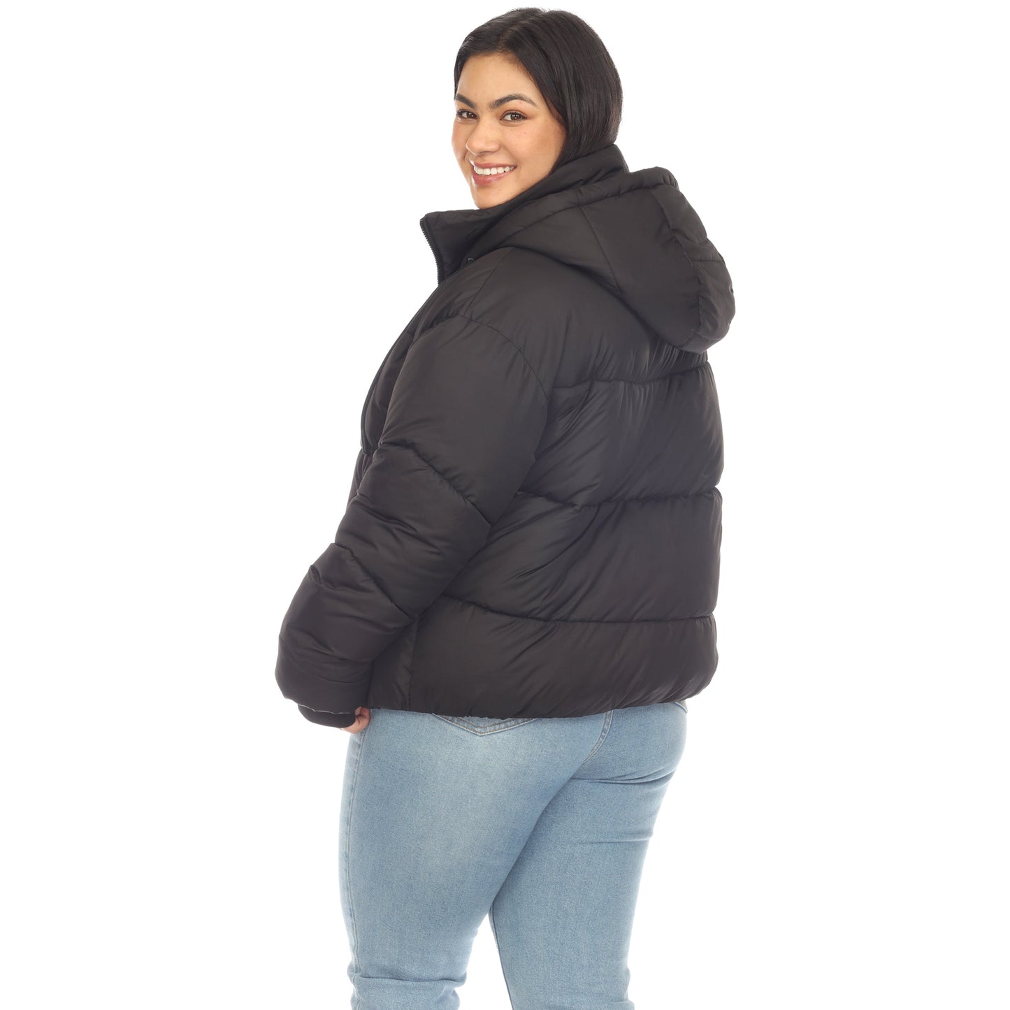 Full Front Zip Hooded Bomber Puffer Coat - Plus