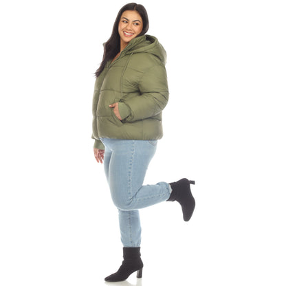 Full Front Zip Hooded Bomber Puffer Coat - Plus