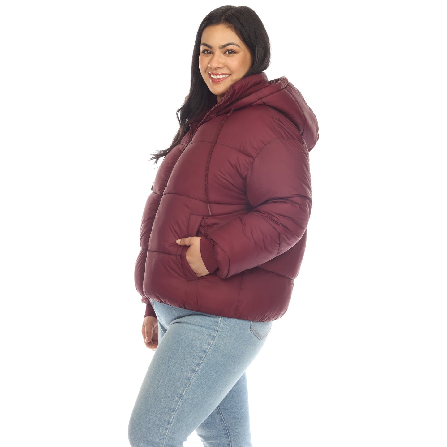 Full Front Zip Hooded Bomber Puffer Coat - Plus