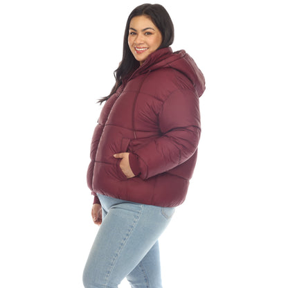 Full Front Zip Hooded Bomber Puffer Coat - Plus