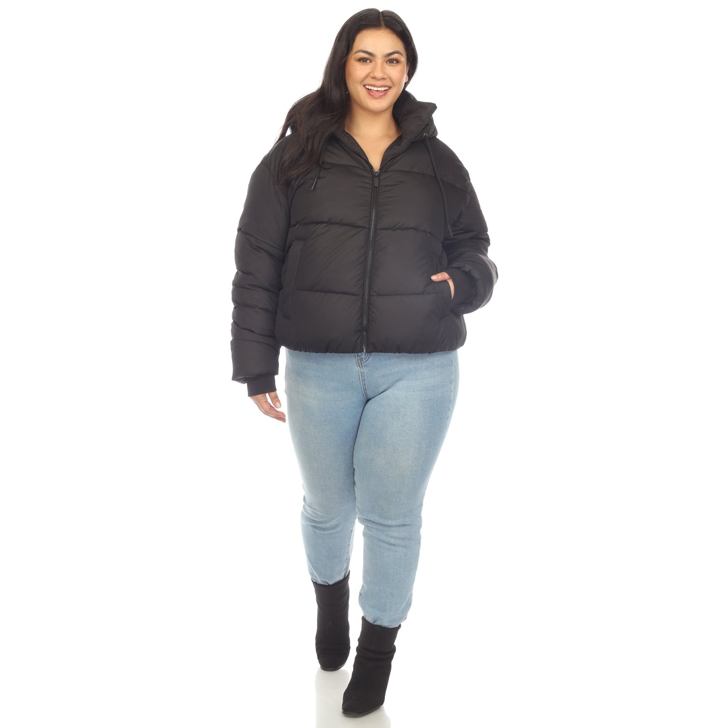 Full Front Zip Hooded Bomber Puffer Coat - Plus