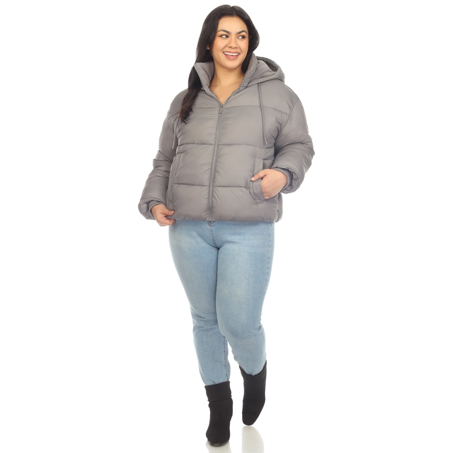 Full Front Zip Hooded Bomber Puffer Coat - Plus