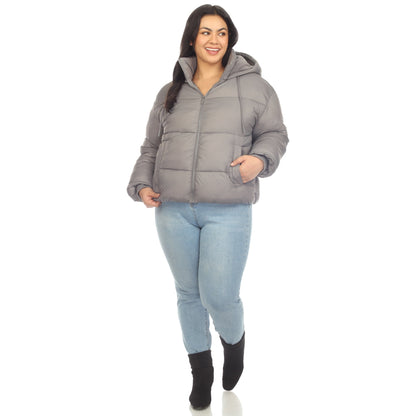 Full Front Zip Hooded Bomber Puffer Coat - Plus