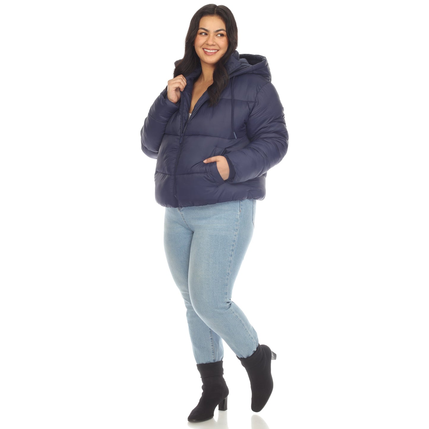 Full Front Zip Hooded Bomber Puffer Coat - Plus