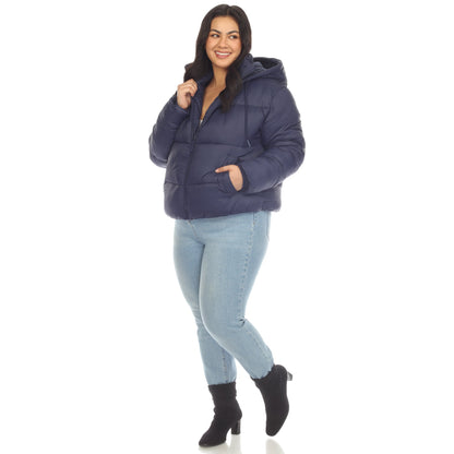 Full Front Zip Hooded Bomber Puffer Coat - Plus
