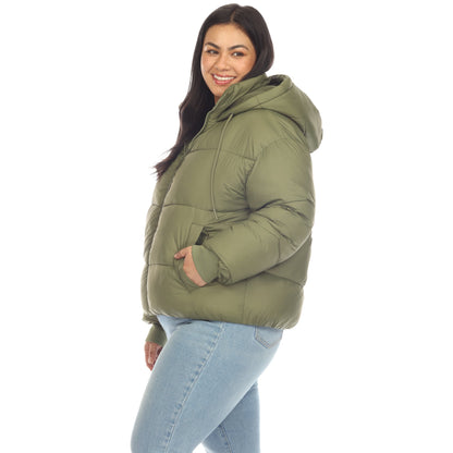 Full Front Zip Hooded Bomber Puffer Coat - Plus